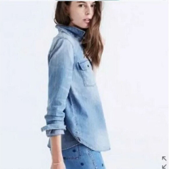 Madewell Zip Front Chambray Blue Denim Popover Long Sleeve Top Size Small - Picture 4 of 14